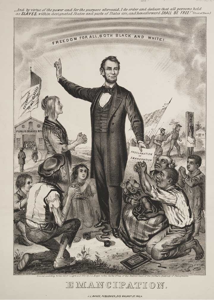 Illustration of a man addressing a crowd while others kneel, symbolizing leadership or emancipation.