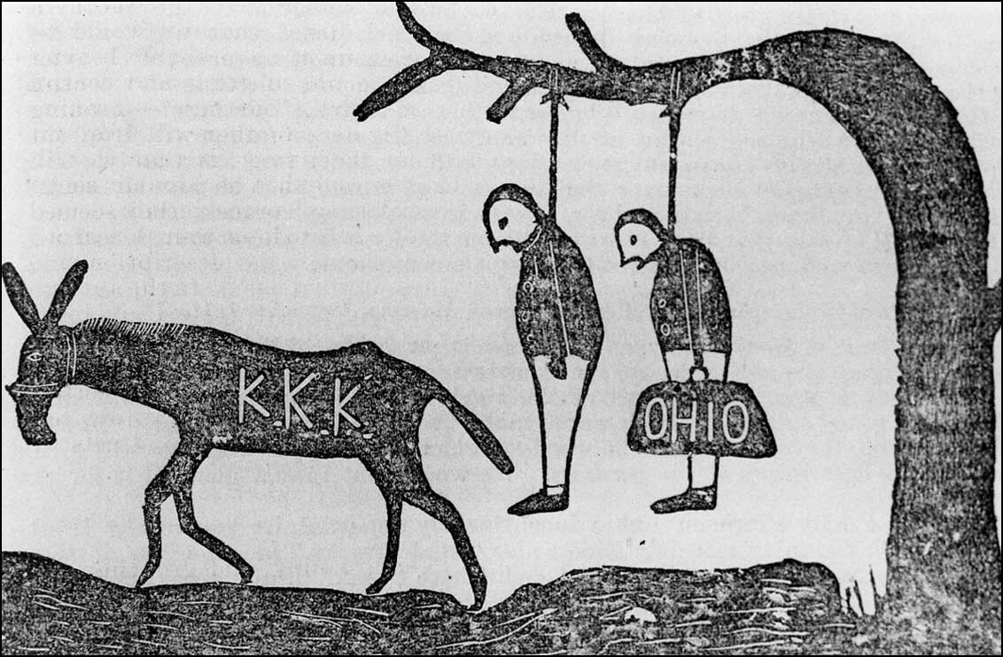 Indigenous-style drawing of deer near tree with hanging objects, possibly tools or food.