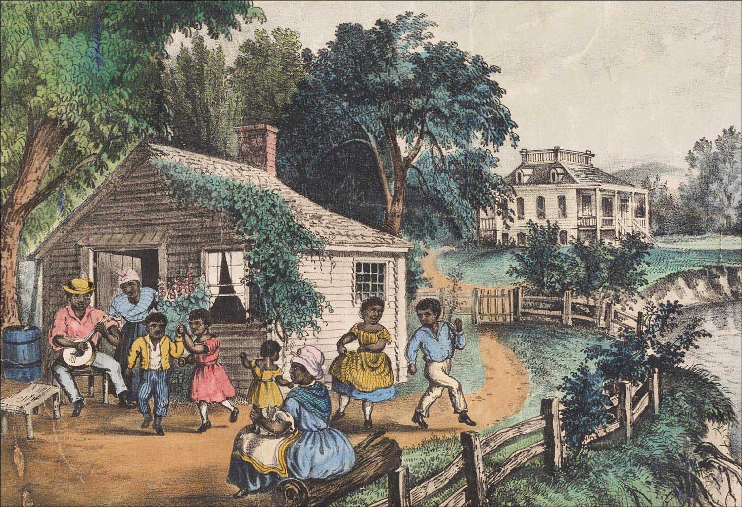 Painting of rural village life with people gathered near cabins and a river landscape.