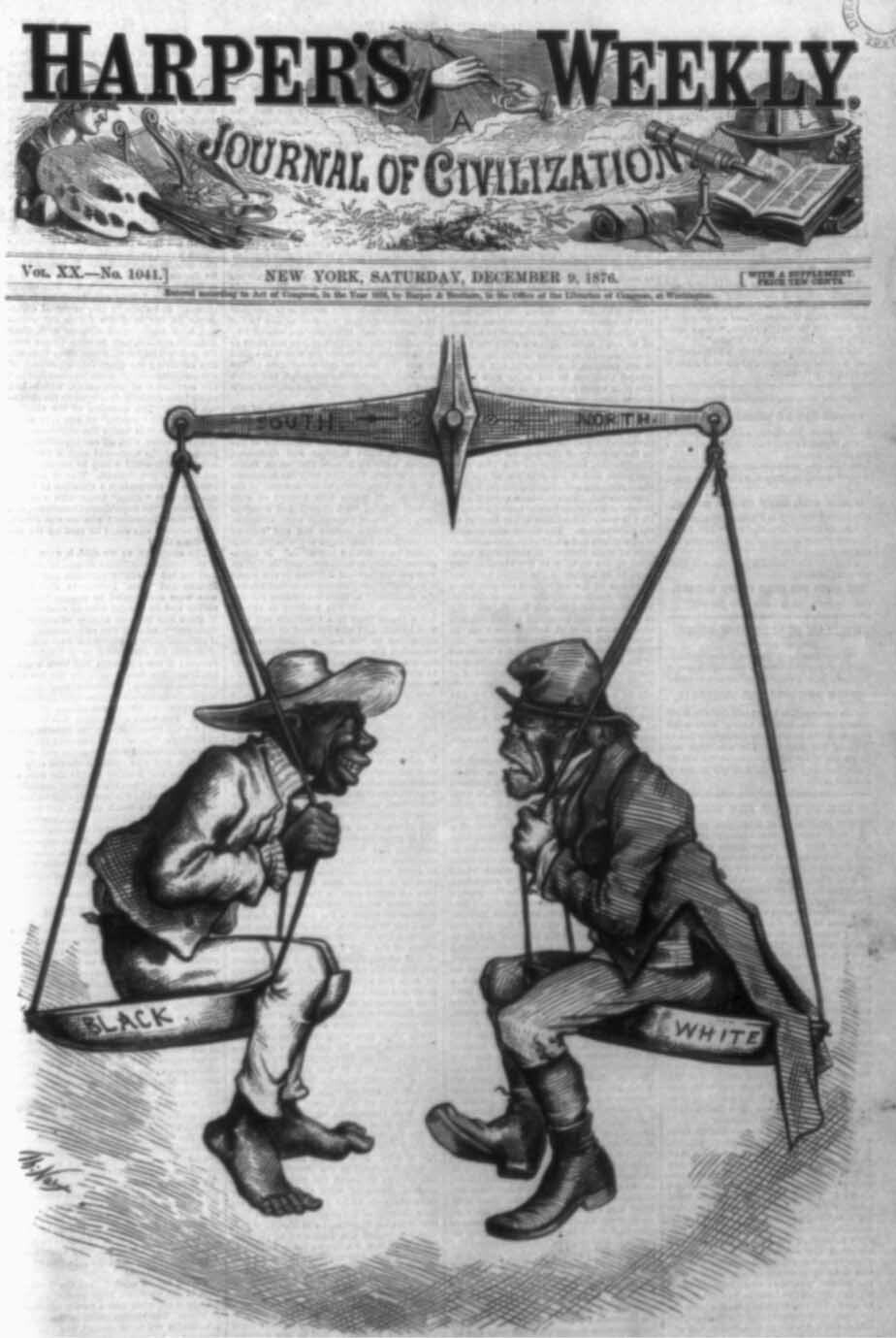 Harper’s Weekly cartoon showing two men on a balance scale, illustrating inequality.