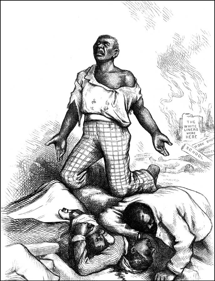 Illustration of enslaved man standing while others kneel, depicting violence and oppression.