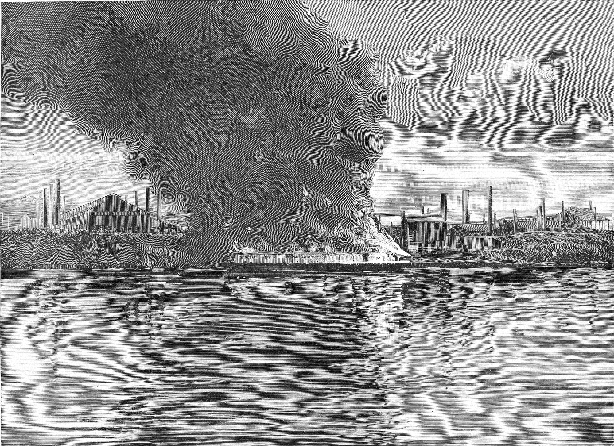 An engraving of the most violent encounter of the Homestead strike of 1892. A barge just off the coast is engulfed in flames.