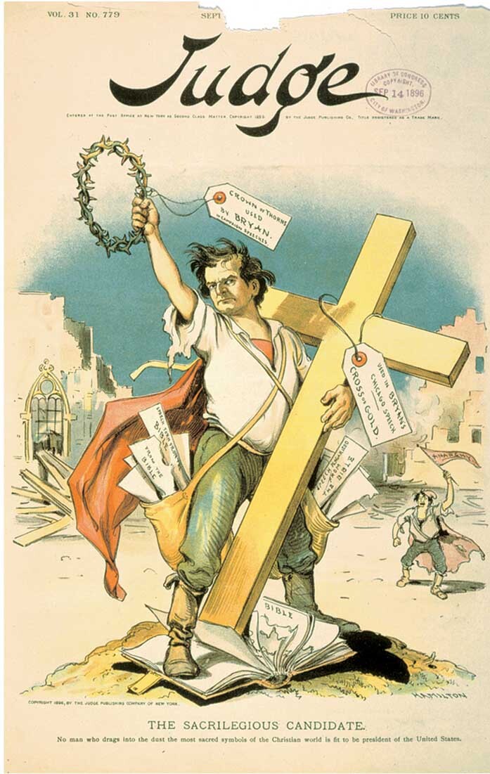 Vintage illustration of a figure carrying a large cross, surrounded by symbolic objects and imagery.