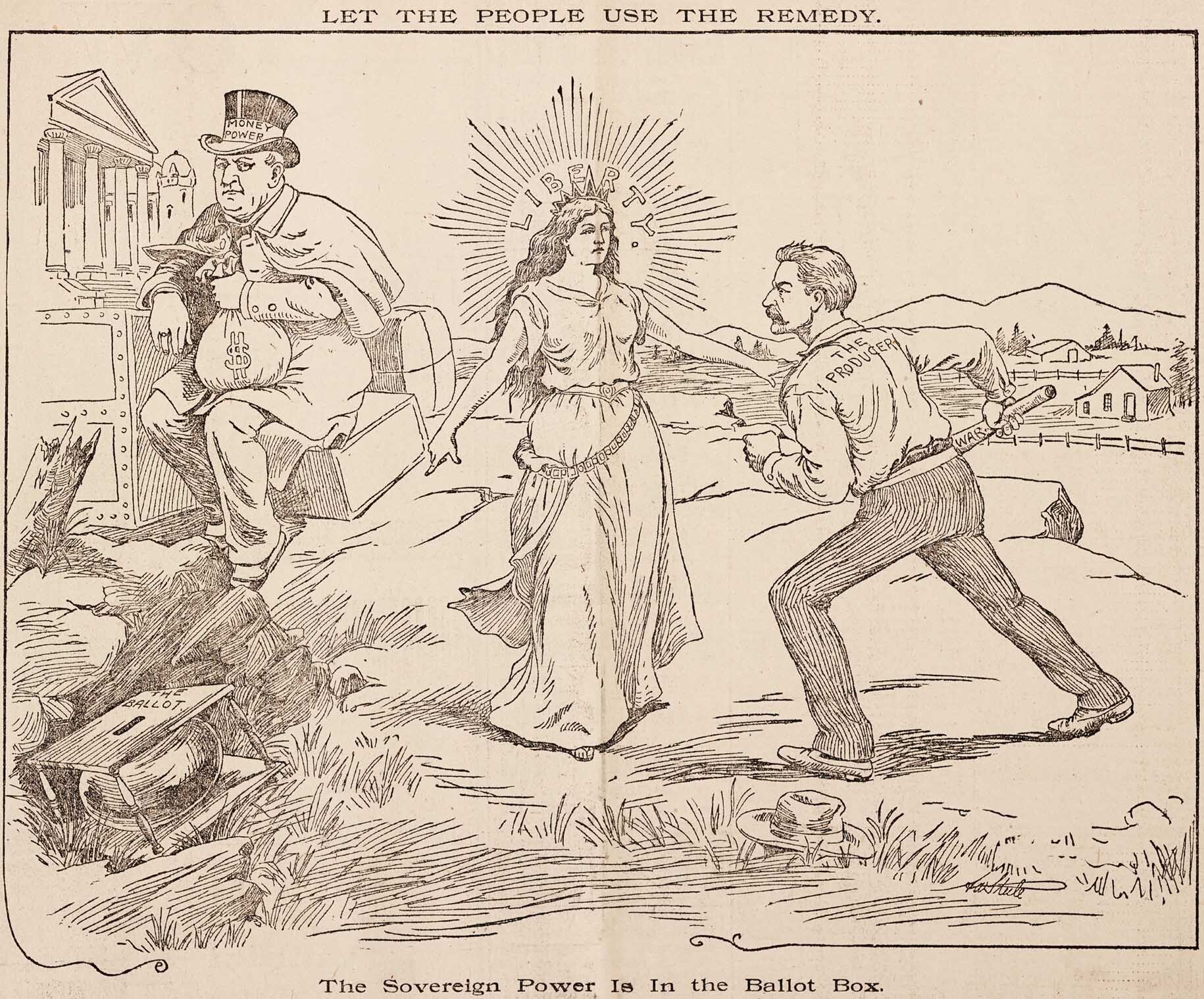 Political cartoon showing a central female figure being pulled in different directions by opposing men, symbolizing conflict or competing interests.