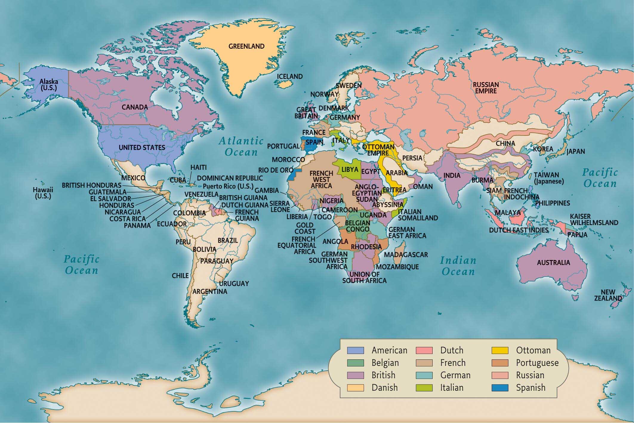 World map of colonial empires showing European control in Africa, Asia, and global territories.
