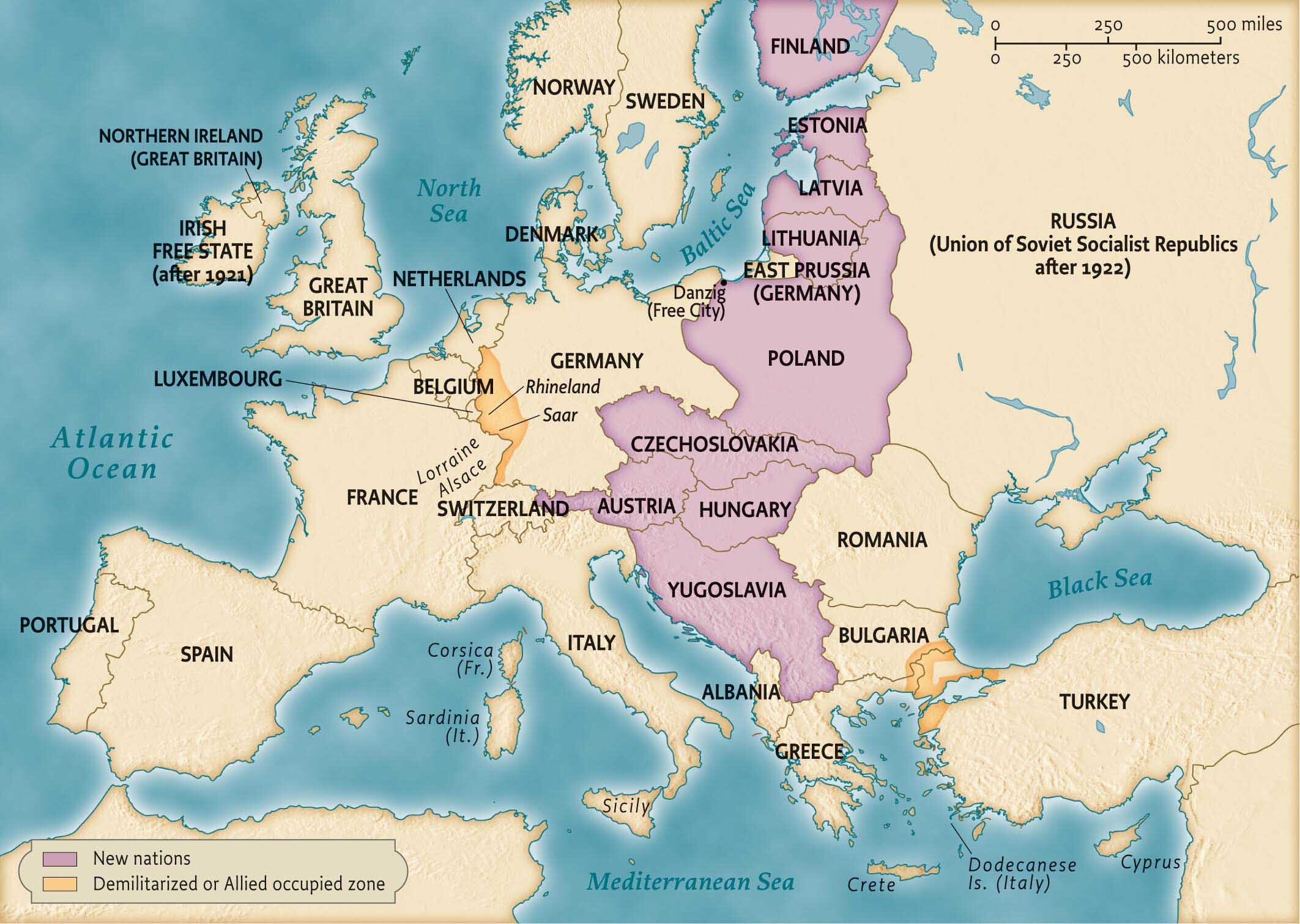 Map of Europe after WWI showing new nations, border changes, and demilitarized zones.