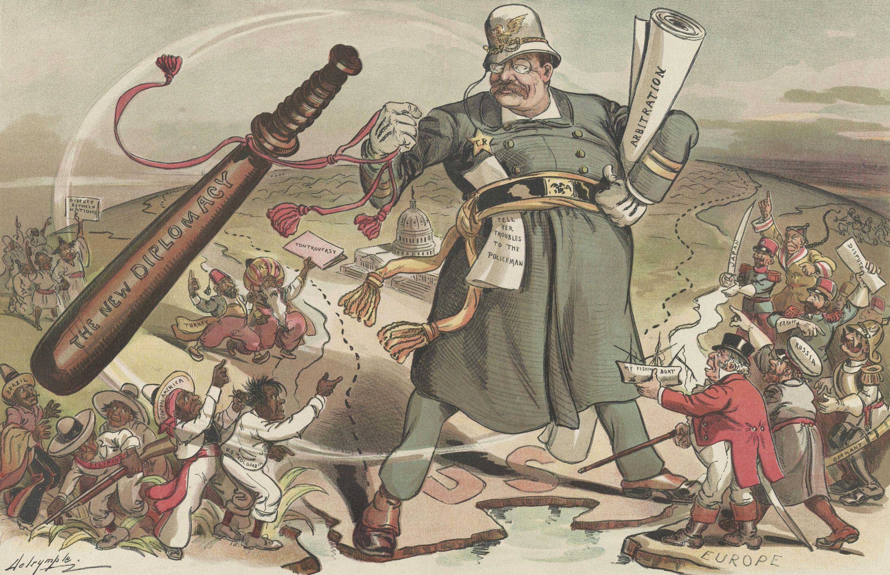 Political cartoon showing a large figure crushing smaller people with oversized weapons, symbolizing oppression or militarism.