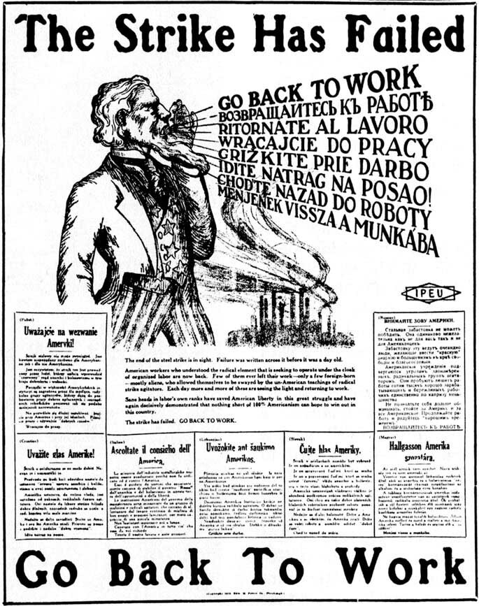 Poster declaring “The Strike Has Failed” urging workers to return to work, with an illustrated laborer and bold text.