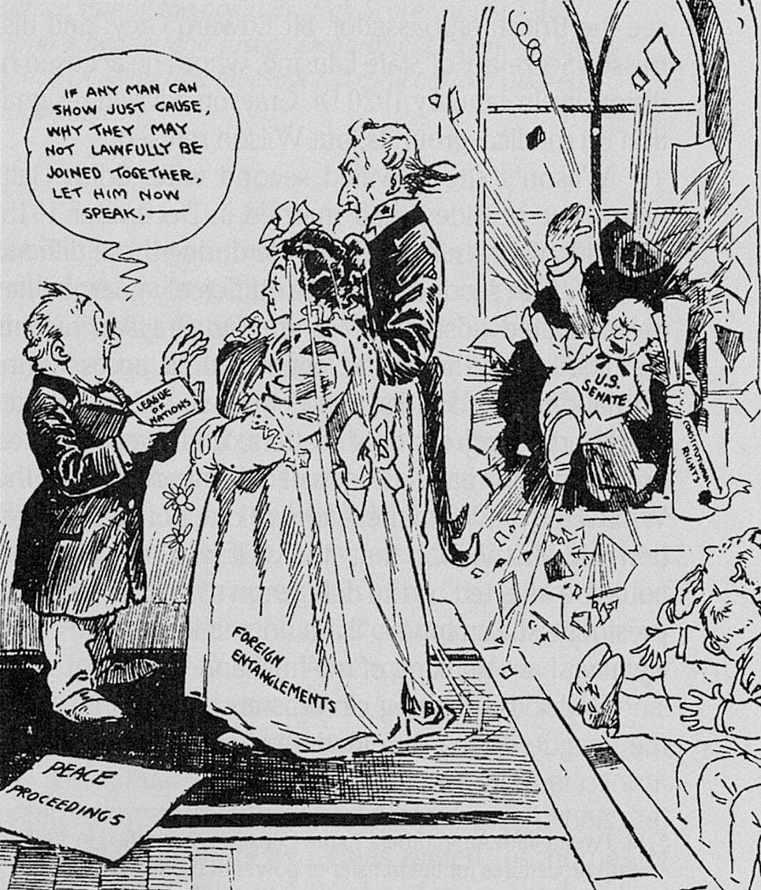 Political cartoon showing a well-dressed woman being guided or restrained by others in an ornate interior, suggesting control or influence.