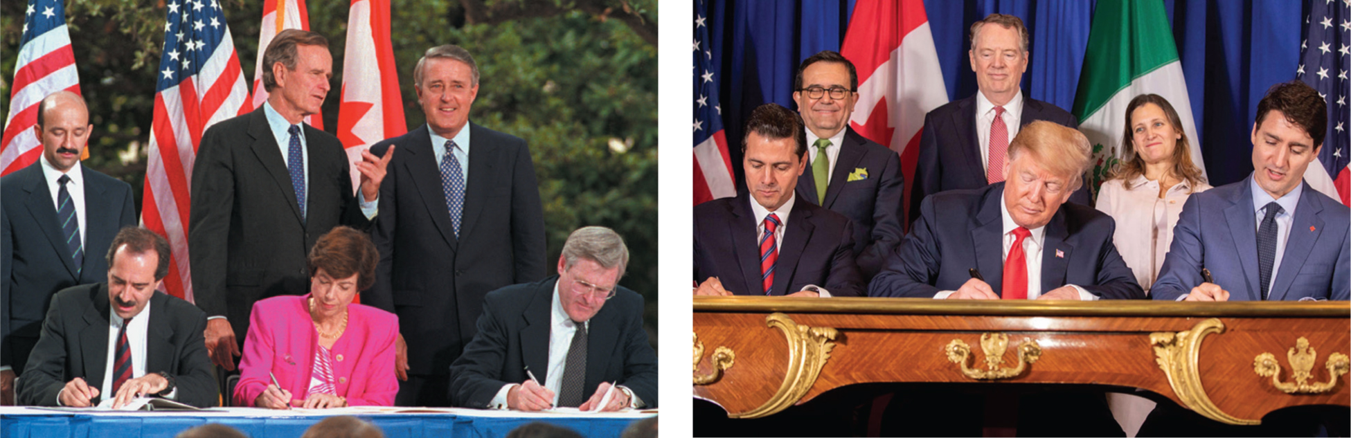Three people sitting at a table outside with three more people behind them.; Enrique Pena Nieto, president of Mexico; Donald Trump, president of the United States; and Justin Trudeau, prime minister of Canada signing an agreement with three people standing behind them along with their countries’ flags.