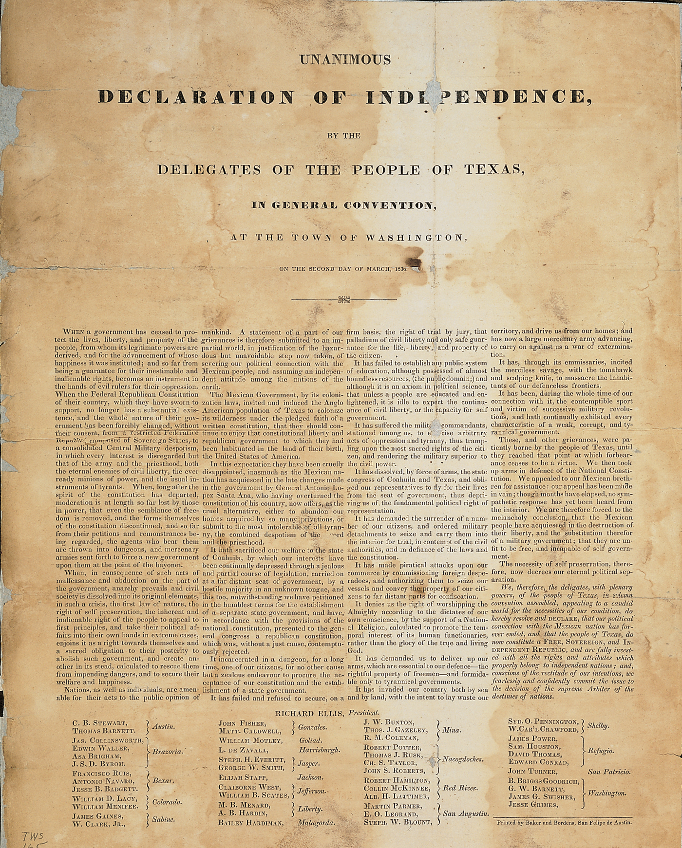 A copy of the Texas Declaration of Independence.