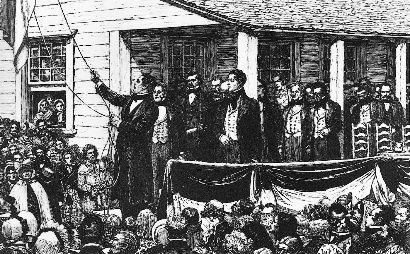 A drawing shows the lowering of the Republic flag of Texas on March 1, 1845.