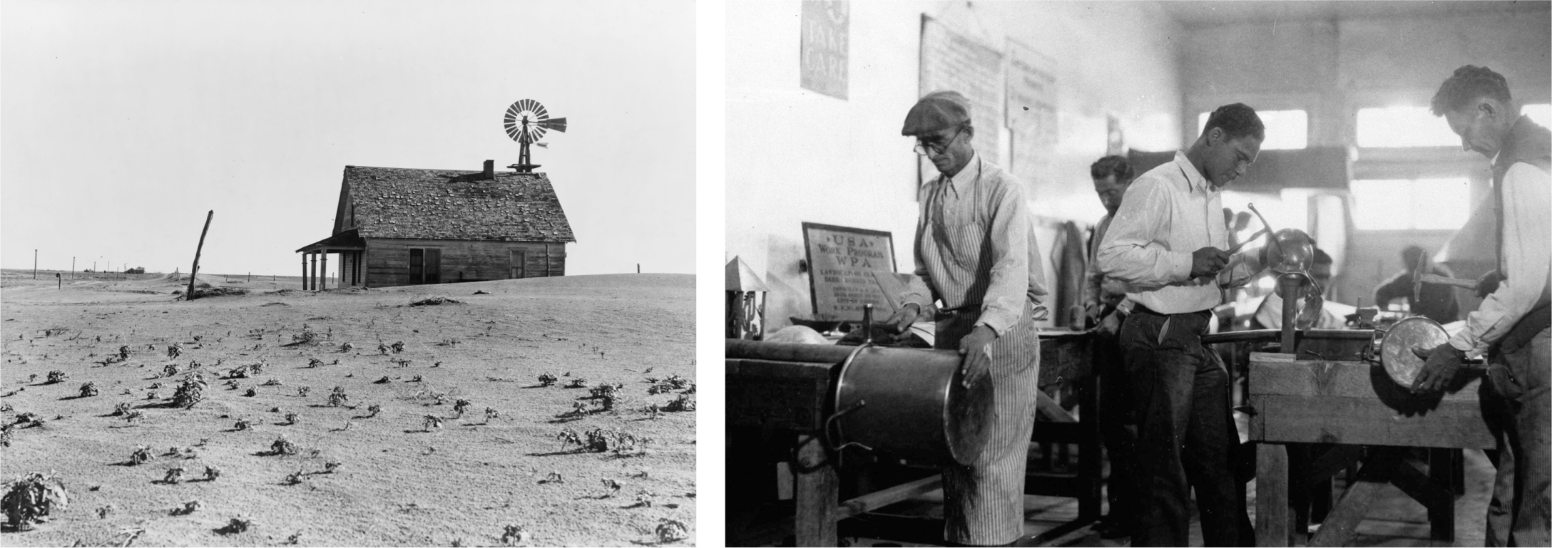 A black and white photograph shows a solitary cabin in a desert landscape.; A black and white photograph shows men working at machines to make copper utensils.