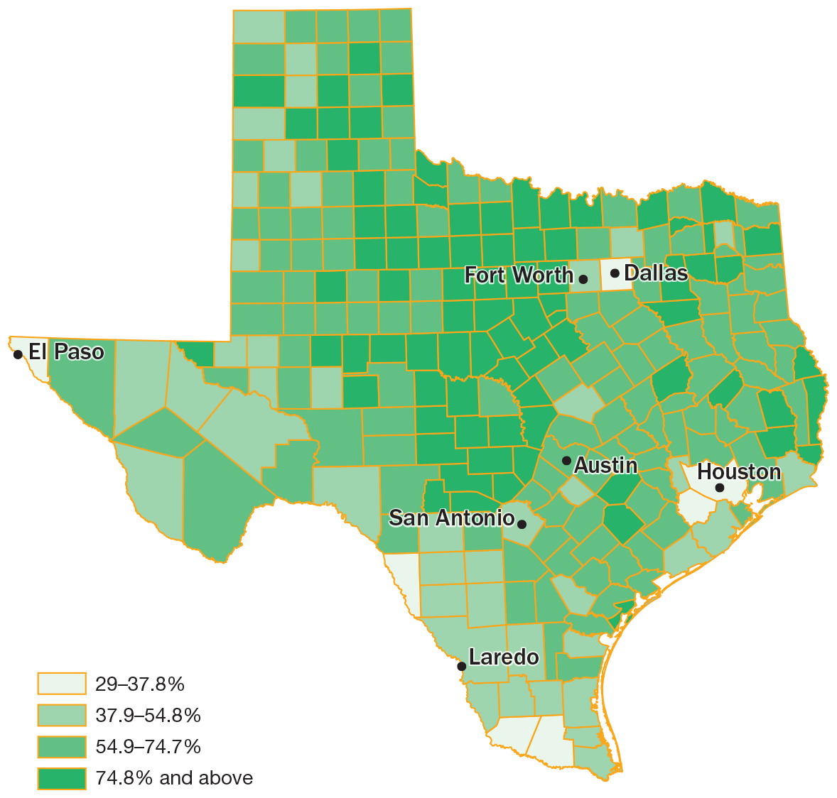 Figure 1.5 titled White Population in Texas Counties, 2018 is a map that shows the White population in Texas counties in 2021