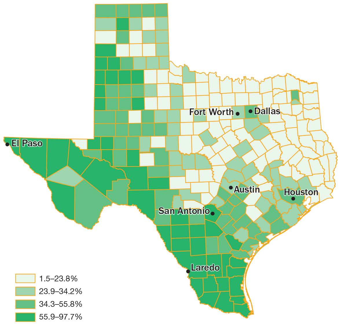 Figure 1.6 titled Latino Population in Texas Counties, 2021 is a map that shows the Latino population in Texas counties.