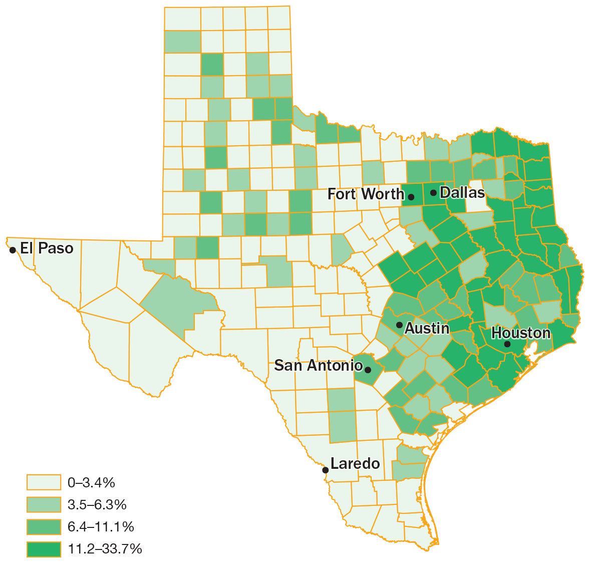 Figure 1.7 titled Black Population in Texas Counties, 2021.