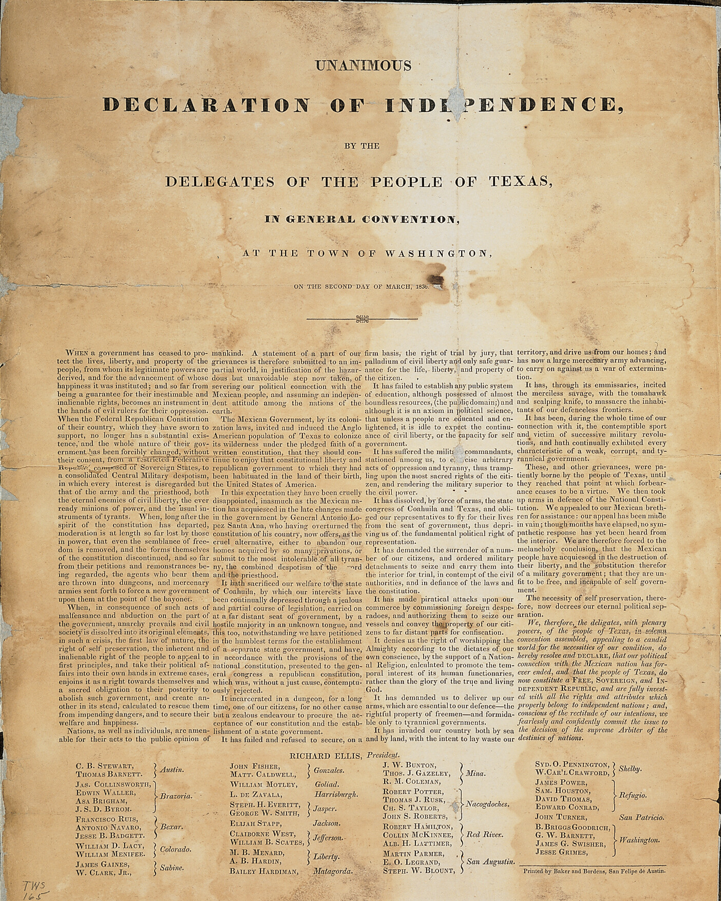 A copy of the Texas Declaration of Independence.