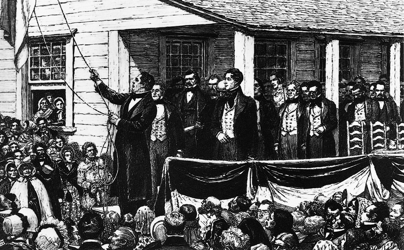 A drawing shows the lowering of the Republic flag of Texas on March 1, 1845.