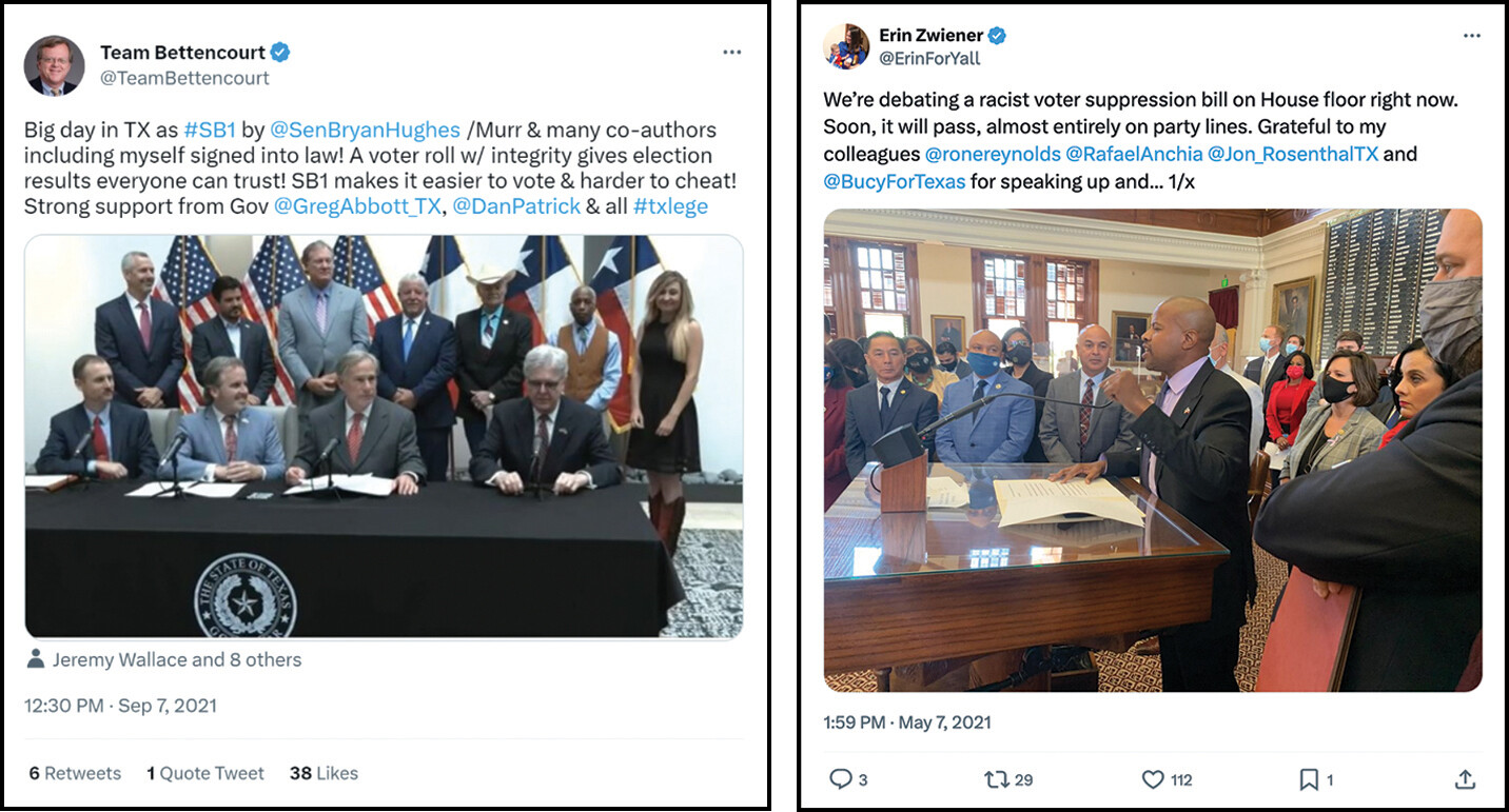 A photo shows a screenshot of a tweet from Team Bettencourt that celebrates the passing of S B one. A photo shows a screenshot of a tweet from Erin Zwiener that expresses disappointment at the passing of S B one.