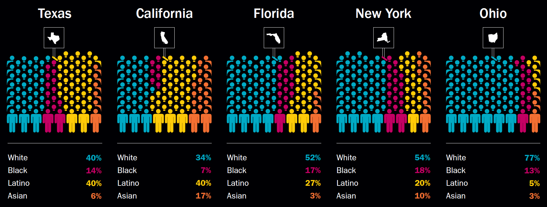 A graphic shows the racial and ethnic diversity for five states.