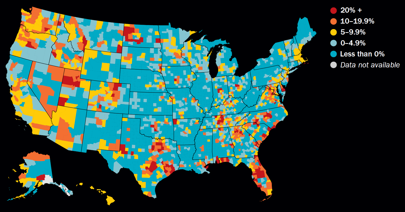 A graphic shows the percent change in population by county from 2010 to 2020 across the United States.