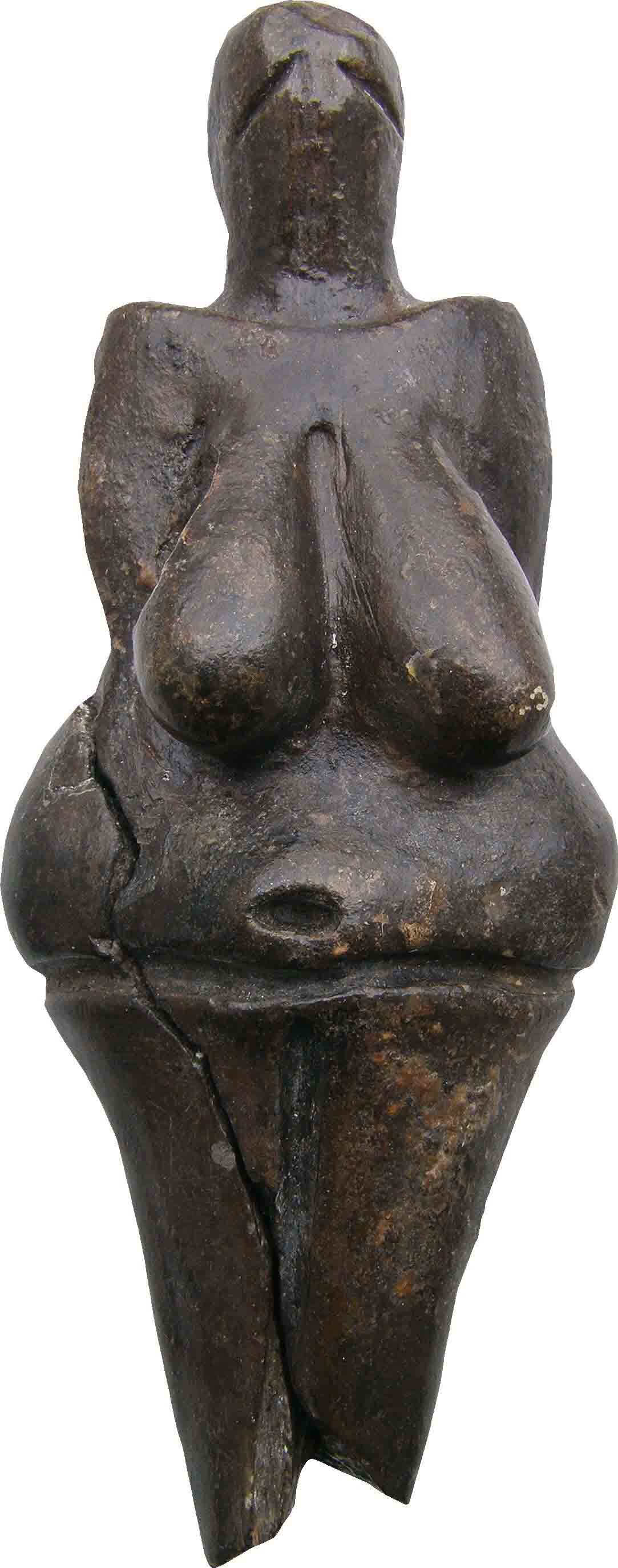Cracked female figure with dark, glossy finish.