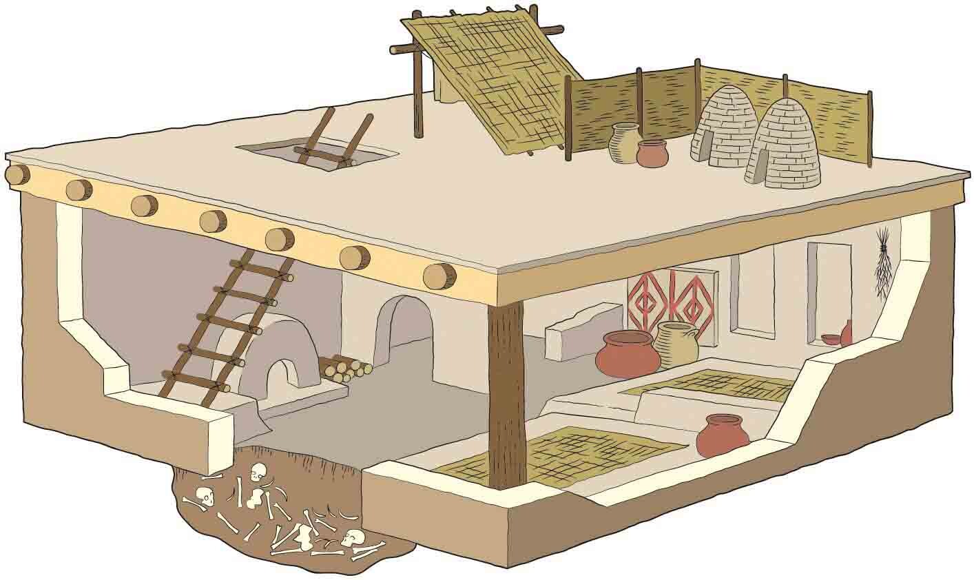 Cutaway drawing of a two-level dwelling.
