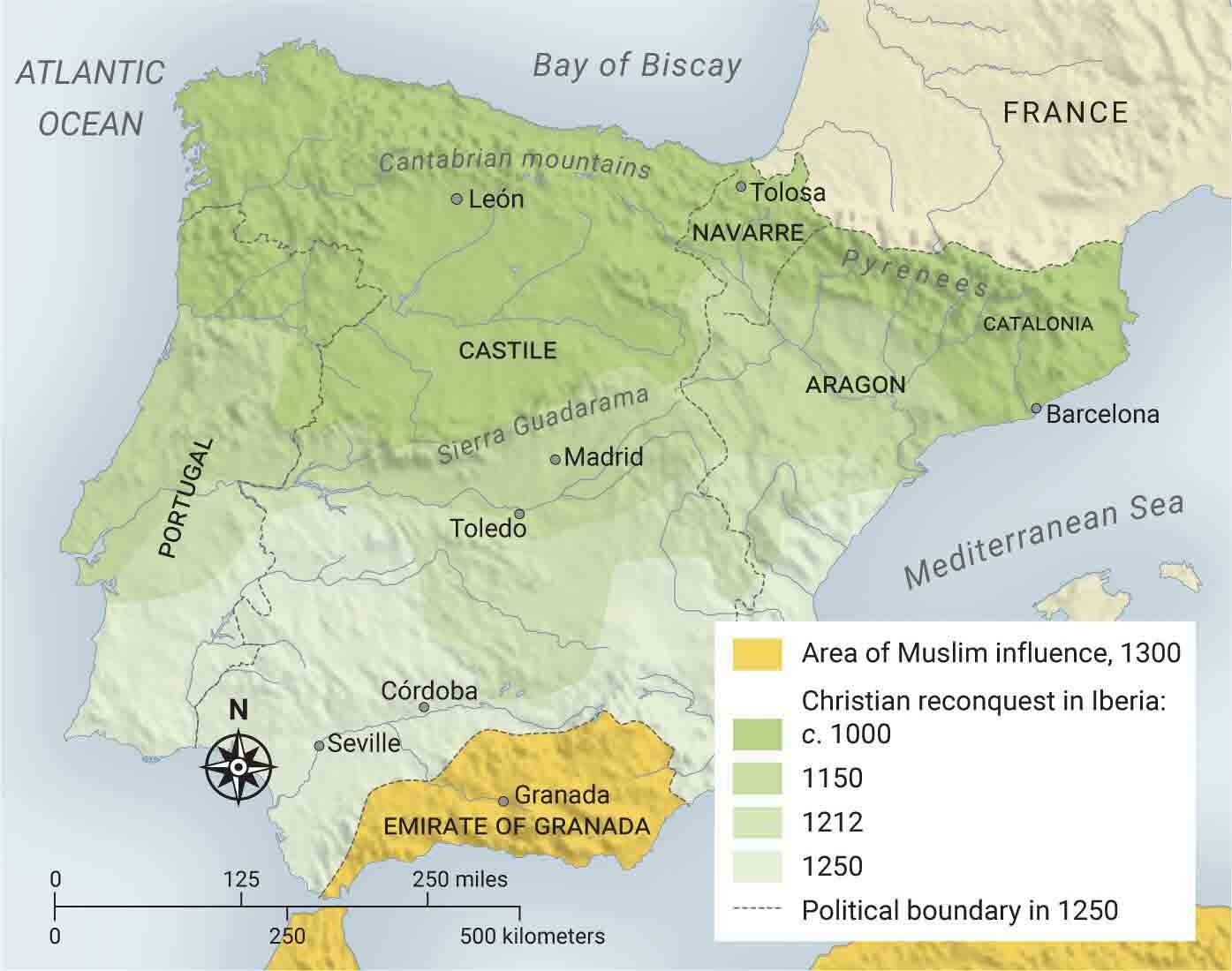 Map of Spain and Portugal, from 1000 to 1300.