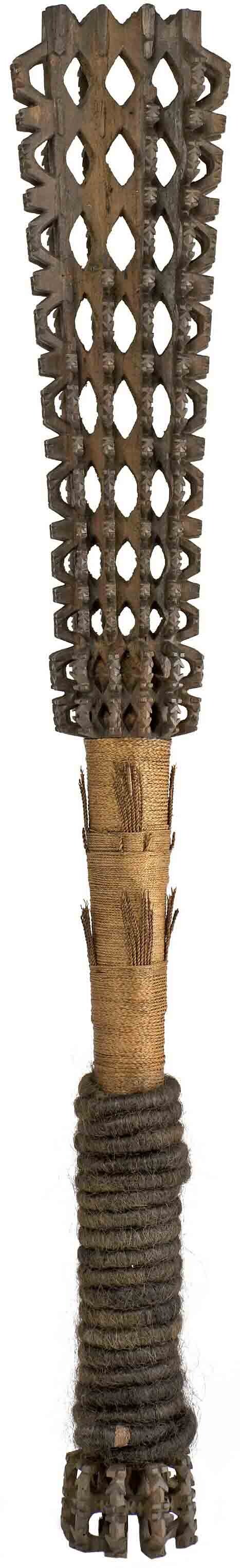 A ceremonial mace made of wood and fiber.