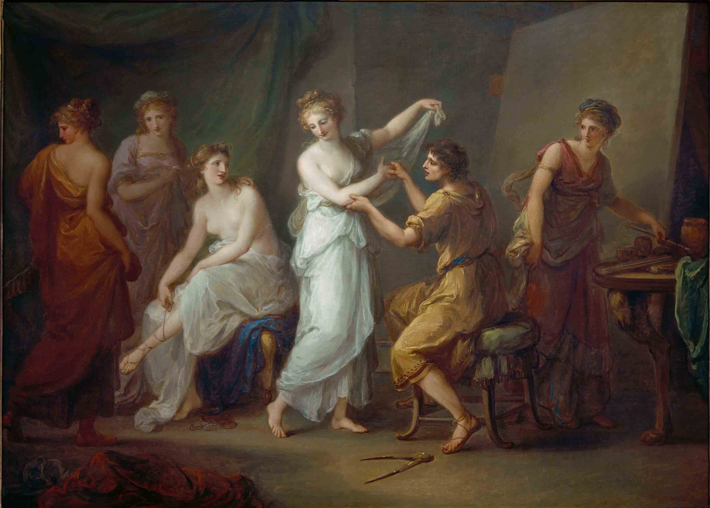 Oil painting. A painter in his studio interviews models.