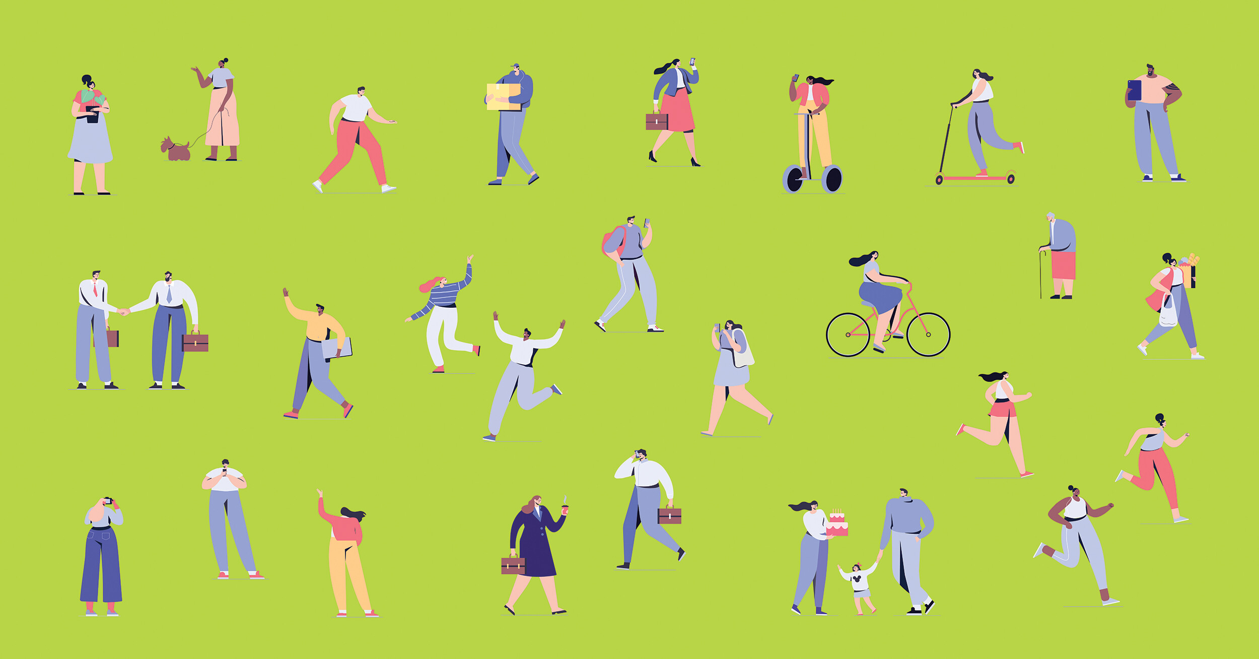 A flat character vector art shows males and females involved in various activities.
