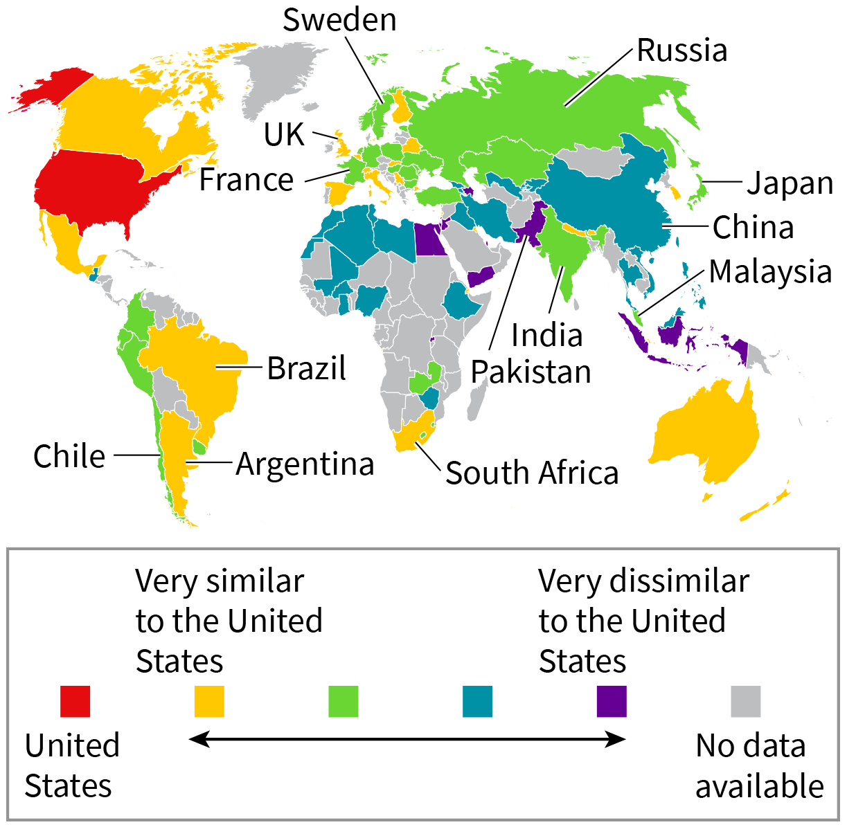 A map of the world uses various colors to demonstrate how similar or dissimilar a country is to the United States.