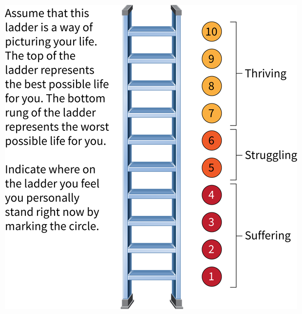 A ladder-of-life measures well-being on a scale from 1 to 10.