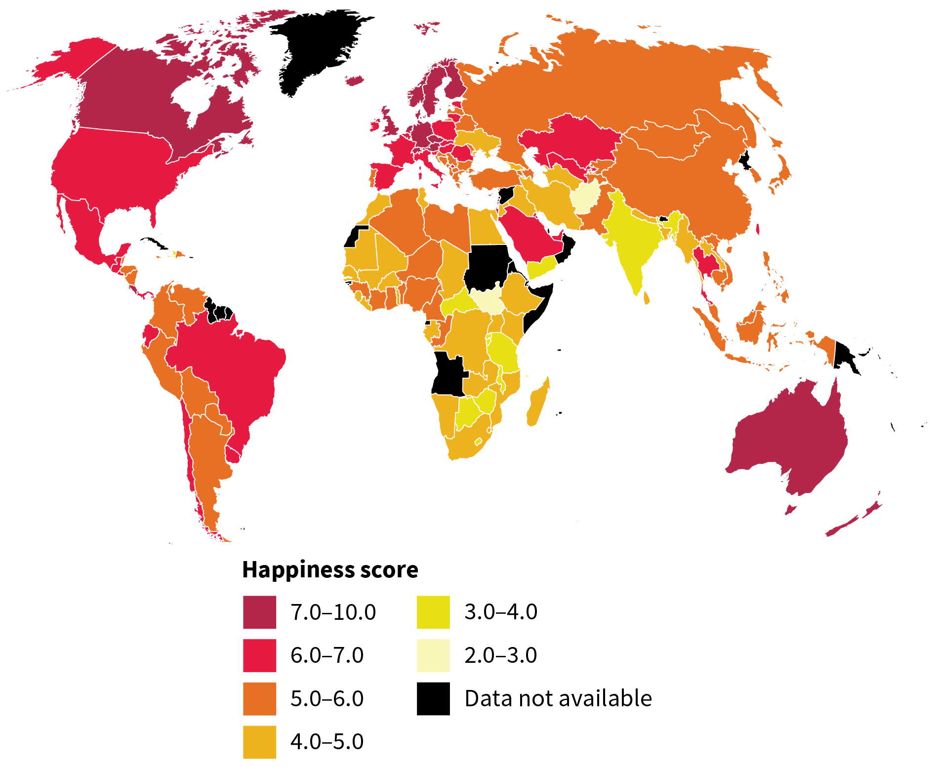 A map of the world shows the happiness score for each country.