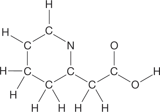 A condensed structural formula of a molecule. The condensed structural formula has a hexagonal ring with a chain of two carbon atoms. The ring is composed of five carbon atoms and one nitrogen atom. The first atom is nitrogen, single bonded to the first carbon atom and fifth carbon atom. The second atom is carbon, single bonded to a chain of two carbon atoms, of which the first carbon is single bonded to two hydrogen atoms and the second carbon is single bonded to an oxygen atom and a hydroxyl group. The third and fourth atoms of the ring are carbon, each single bonded to two hydrogen atoms. The fifth and sixth atoms are carbon, each single bonded to a hydrogen atom.