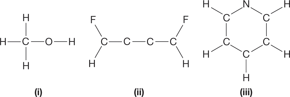 A set of three condensed structural formulae of three molecules. The first condensed structural formula consists of a central carbon atom, single bonded to three hydrogen atoms and the oxygen atom of a hydroxyl group. The second condensed structural formula consists of a chain of four single bonded carbon atoms, with the first and the last carbon atom attached to a fluorine atom and a hydrogen atom by single bonds. The third condensed structural formula consists of a single bonded hexagonal ring. The ring comprises of one nitrogen atom and five carbon atoms. Each carbon atom is further single bonded to a hydrogen atom.