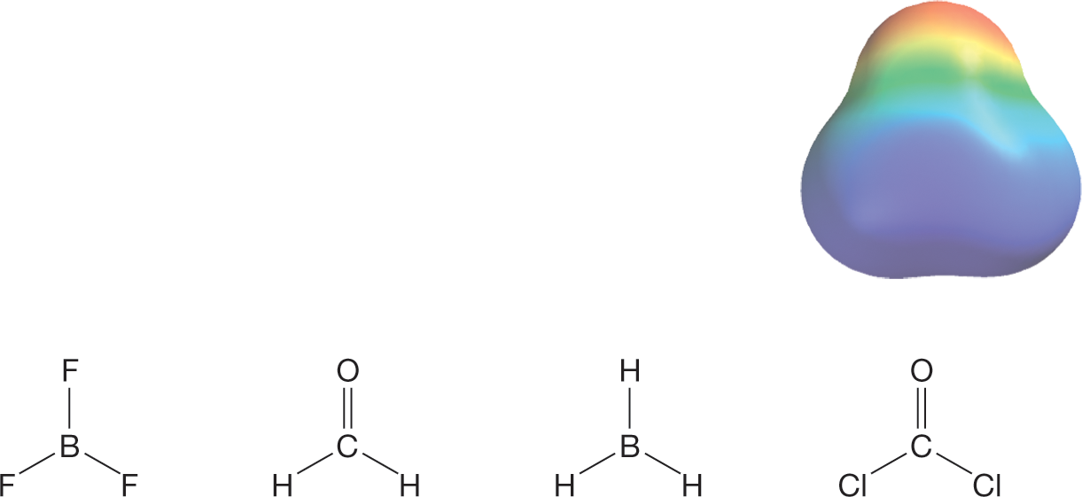 An electrostatic potential model of a molecule and condensed structural formulae of four molecules. The electrostatic potential map shows a trigonal planar-shaped model of a molecule. The upper region of the model is shaded in red, the middle region in yellow, green, and turquoise, and the bottom region in blue. There is greater blue color than red color. The first condensed structural formula consists of a central boron atom, single bonded to three fluorine atoms. The second condensed structural formula consists of a central carbon atom, double bonded to an oxygen atom and single bonded to two hydrogen atoms. The third condensed structural formula consists of a central boron atom, single bonded to three hydrogen atoms. The fourth condensed structural formula consists of a central carbon atom, double bonded to an oxygen atom and single bonded to two chlorine atoms.