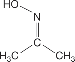 A condensed structural formula of a molecule. The condensed structure shows a central carbon atom, single bonded to two methyl groups and double bonded to a nitrogen atom. This is shown further attached to the oxygen of a hydroxyl group by a single bond.