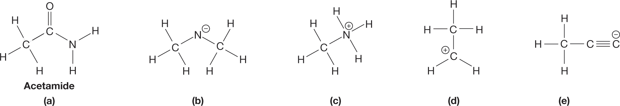 Condensed structural formulas show five different organic compounds. The first structure shows a central carbon atom bonded to another carbon atom and a nitrogen atom in a bent fashion. The central carbon atom is further bonded to an oxygen atom by double bonds, and the nitrogen atom is bonded to two hydrogen atoms. The second structure shows a nitrogen atom with a negative charge bonded to two methyl groups in a bent fashion. The third structure shows a carbon atom bonded to a nitrogen atom carrying a positive charge. The nitrogen atom is further bonded to three hydrogen atoms. The fourth structure shows two carbon atoms bonded together by a single bond. One of these is bonded to three hydrogen atoms, while the other carries a positive charge and is bonded to two hydrogen atoms. The fifth structure shows a linear chain of three carbon atoms. Carbon 1 carries a negative charge and is bonded to carbon 2 by a triple bond.