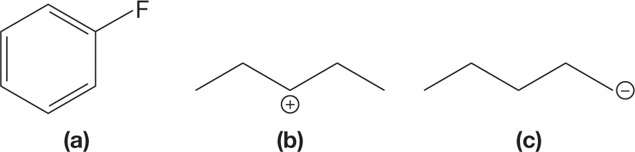 Three skeletal structural formulas of different organic compounds. The first skeletal structural formula shows a hexagonal ring with alternating single and double bonds. A line from one of the vertices leads to a fluorine atom. The second structure shows a zigzag line with two crests and three troughs. The atom in the trough in the middle carries a positive charge. The third skeletal structural formula shows a zigzag line with two crests and three troughs. The atom in the trough at the right end carries a negative charge.