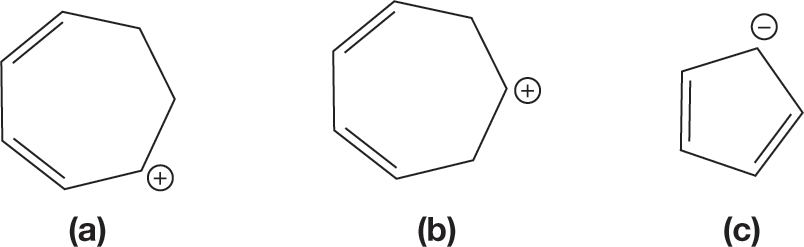 Three skeletal structural formulas of different organic compounds. The first skeletal structural formula shows a seven-membered ring with double bonds between the atoms in the first and second position and in the third and fourth position. The atom in the fifth position carries a positive charge. The second skeletal structural formula shows a seven-membered ring with double bonds between the atoms in the first and second position and in the third and fourth position. The atom in the sixth position carries a positive charge. The third skeletal structural formula shows a five-membered ring with double bonds between the atoms in the first and second position and in the third and fourth position. The atom in the fifth position carries a negative charge.