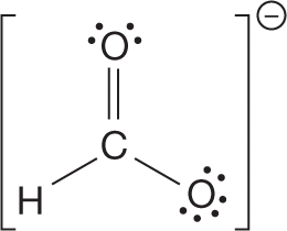 A condensed structural formula of formate anion. The condensed structure shows a central carbon atom, single bonded to a hydrogen atom and double bonded to two oxygen atoms, one carrying two lone pairs of electrons and the other carrying three lone pairs of electrons. The overall charge is minus one.