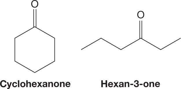 Two skeletal structural formulas show cyclohexanone and hexan-3-one. The skeletal structural formula of cyclohexanone shows a hexagonal ring with an oxygen atom double-bonded to one of the atoms in the ring. The structure of hexan-3-one shows a zigzag line with three crests and three troughs. An oxygen atom is double-bonded to the atom in the third position.