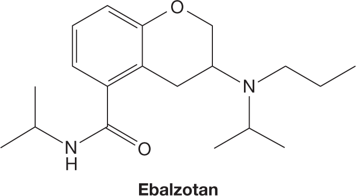 Condensed skeletal structural formula of ebalzotan. The structure shows two hexagonal six-membered rings fused together. The first is a benzene ring with alternating single and double bonds, and the second ring consists of five carbon atoms and an oxygen atom. Carbon 3 is bonded to a nitrogen atom, which is bonded to two methyl groups and a propyl chain. Carbon 5 is bonded to another carbon atom that is double-bonded to an oxygen atom and connected by single bonds to a nitrogen atom, which is further bonded to a hydrogen atom and two methyl groups.