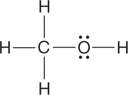 Condensed structural formula of methanol. The condensed structural formula of methanol consists of a carbon atom, single bonded to three hydrogen atoms and an oxygen atom carrying a lone pair of electrons. The oxygen atom is further attached to a hydrogen atom by a single bond.