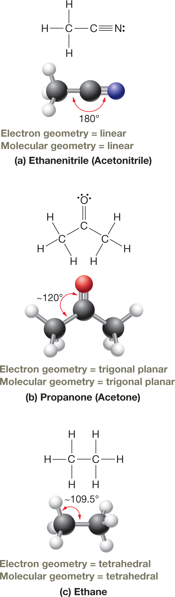 Three illustrations show Lewis structures and ball-and-stick models of ethanenitrile, propanone, and ethane. The structural formulas represent the electron geometry of the compounds, while the ball-and-stick models represent the molecular geometry. The structural formula of ethanenitrile, also known as acetonitrile, shows a linear two-carbon chain where carbon 1 is bonded by a triple bond to a nitrogen atom with a lone pair and carbon 2 is bonded to three hydrogen atoms. The ball-and-stick model of acetonitrile also has a linear orientation, with the angle between the C-C and C-N bonds being 180 degrees. The structural formula of propanone, also known as acetone, shows a central carbon atom bonded by a double bond to an oxygen atom with two lone pairs and to another carbon on each side in a trigonal planar manner. The ball-and-stick model of propanone also has a trigonal planar orientation, with the angle between the C-C and C-O bonds being 120 degrees. The structural formula of ethane shows a linear two-carbon chain where each carbon is bonded to three hydrogen atoms in a tetrahedral manner. The ball-and-stick model of ethane also has a tetrahedral orientation, with the angle between the C-C and C-H bonds being 109.5 degrees approximately. The caption reads, �Compounds in which the central atom lacks lone pairs: Because there are no lone pairs about the central atom, the molecular geometries of acetonitrile, acetone, and ethane are identical to their electron geometries.�