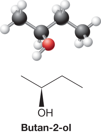 Ball-and-stick model and dash-wedge representation of butan-2-ol. The ball-and-stick model shows four carbon atoms bonded together in a zigzag fashion. Carbon 2 is bonded to a hydroxyl group where the C-O bond points toward the reader. The dash-wedge representation shows a zigzag line with two crests and two troughs. A solid wedge connects the atom in the second position to a hydroxyl group. The caption reads, �Line structures combined with dash�wedge notation: The line structure indicates a chain of four tetrahedral carbon atoms. The wedge indicates that the bond to OH points toward you.�