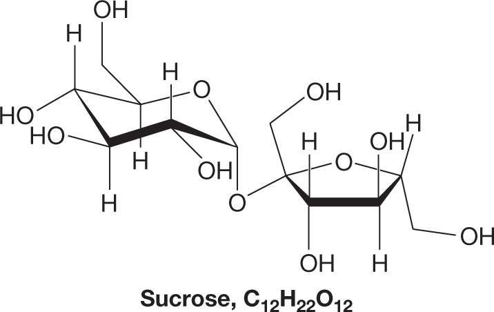 Condensed structural formula of sucrose, C12 H22 O12. The structure shows a chair-shaped six-membered ring, constituted by five carbon atoms, numbered from 1 to 5, and an oxygen atom, bonded via a connecting oxygen atom to a pentagonal, five-membered ring, constituted by four carbon atoms, numbered from 8 to 11, and an oxygen atom. Carbons 2, 3, and 4 in the chair-shaped ring are each bonded to a hydrogen atom and a hydroxyl group. Carbon 5 is bonded to carbon 6, which is bonded to a hydroxyl group. Carbon 1 is bonded to the connecting oxygen atom, which is bonded on the other side to carbon 8 in the pentagonal ring. Carbon 8 is bonded to carbon 7, which is bonded to a hydroxyl group. Carbons 9 and 10 are each bonded to a hydrogen atom and a hydroxyl group in reverse. Carbon 11 is bonded to a hydrogen atom and to carbon 12, which is bonded to a hydroxyl group. The caption reads, The water solubilityof sucrose: The large number of hydroxyl groups compared to carbon atoms makessucrose soluble in water.