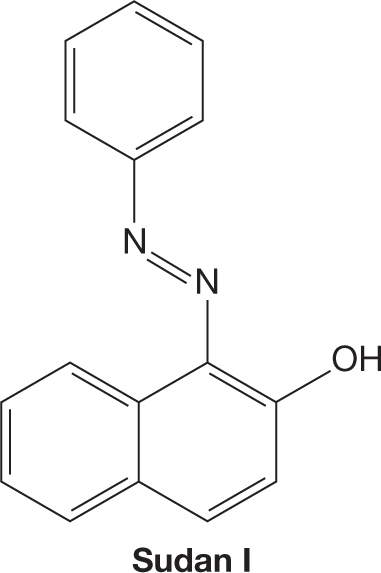 An illustration shows the skeletal structural formula of a Sudan I molecule. The structure shows a benzene ring fused with another hexagonal, six-membered ring. In the second ring, double bonds exist between atoms 1 and 2, and atoms 3 and 4. A hydroxyl group is bonded to the atom in the second position in the second ring. Carbon 1 is bonded by a single bond to a nitrogen atom, which is bonded by a double bond to another nitrogen atom. This atom is bonded to a benzene ring.