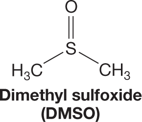 Condensed structural formula of dimethyl sulfoxide or DMSO. The structure shows a sulfur atom bonded to two methyl groups by single bonds and to an oxygen atom by a double bond.